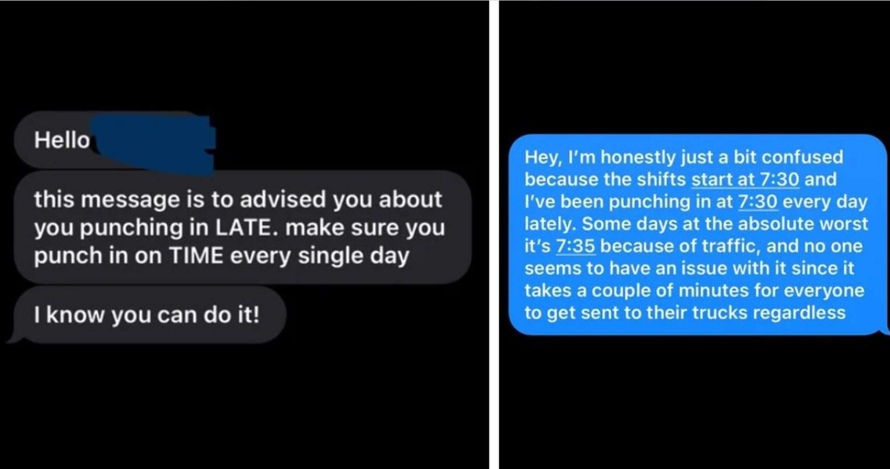 Screenshots of a text exchange between a boss and an employee